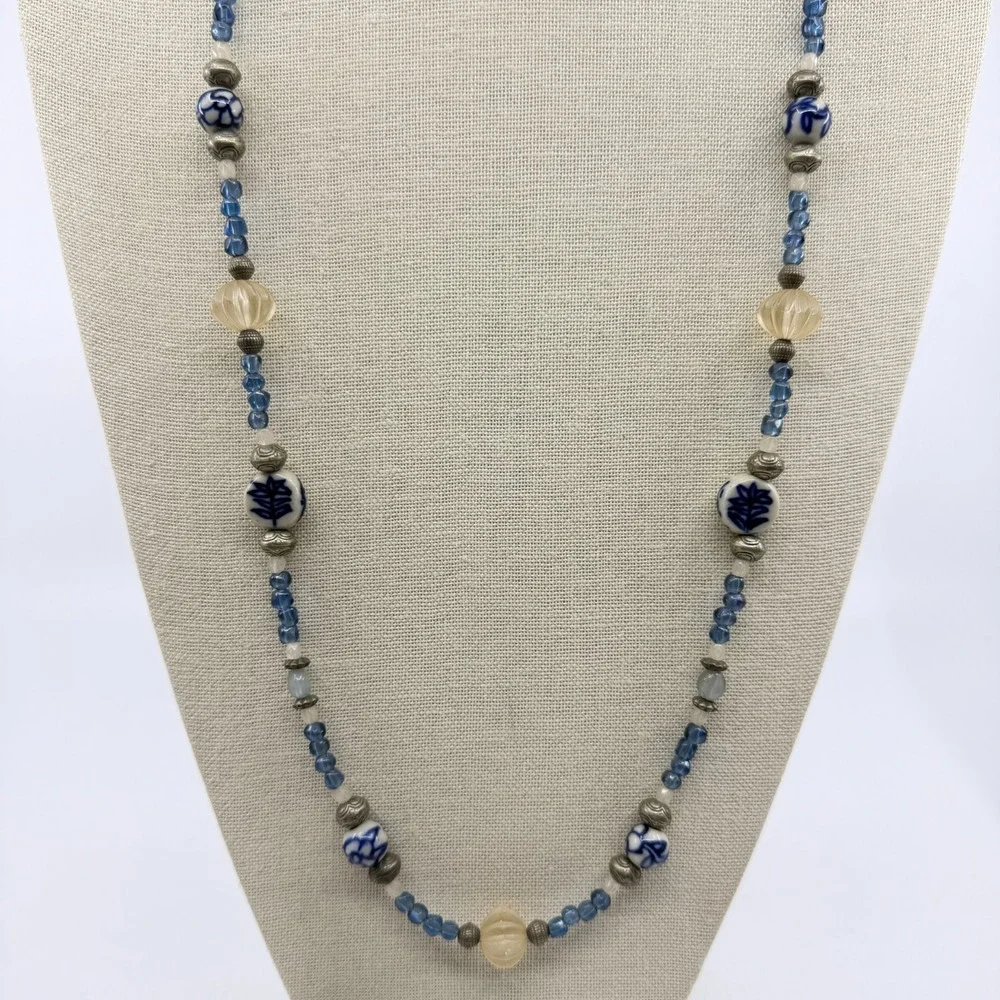 Blue White Porcelain Floral Bead Necklace Carved Acrylic Boho Statement Gift